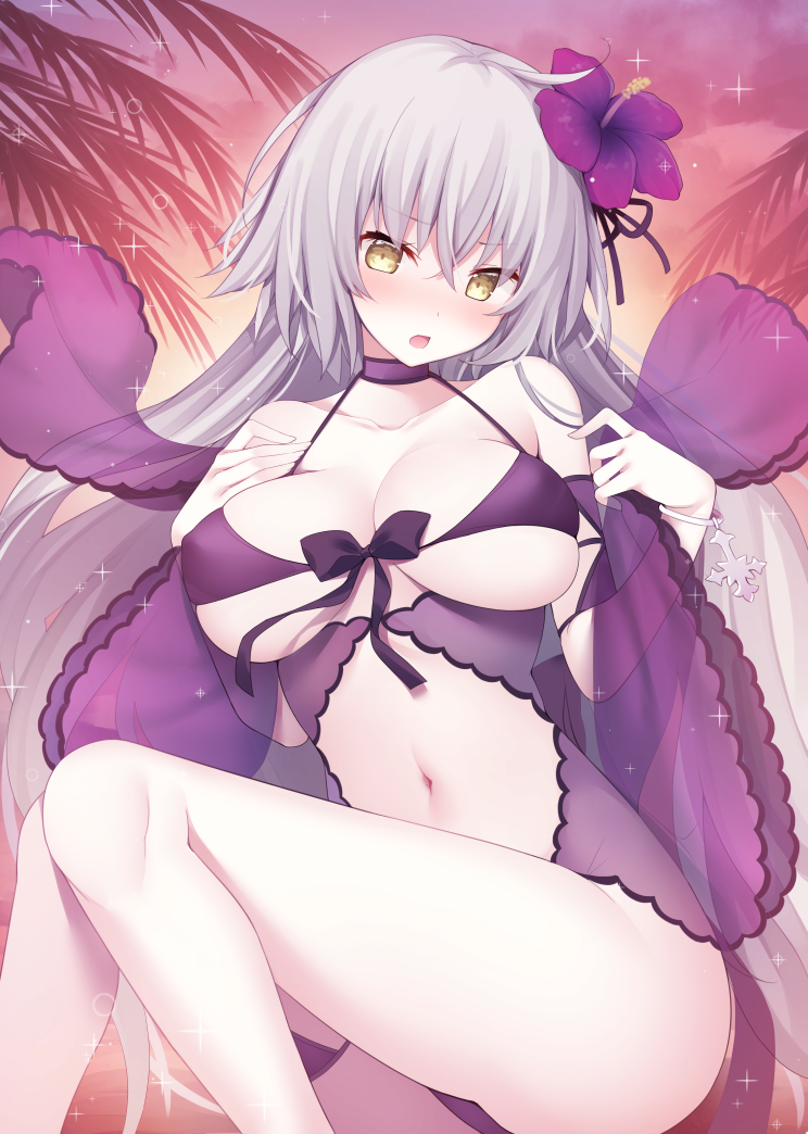 1girl, ahoge, alternate_costume, bare_shoulders, bikini, blush, bracelet, breasts, cleavage, clothing_cutout, collarbone, commentary, commentary_request, covered_erect_nipples, evening, fate/grand_order, fate_(series), female_focus, flower, front-tie_top, hair_between_eyes, hair_flower, hair_ornament, hibiscus, jeanne_d'arc_(fate), jeanne_d'arc_alter_(avenger)_(fate), jeanne_d'arc_alter_(fate), jeanne_d'arc_alter_(seaside_sunset)_(fate), jewelry, large_breasts, long_hair, looking_at_viewer, miko_(royal_milk), navel, navel_cutout, open_mouth, pale_skin, palm_tree, purple_bikini, purple_flower, see-through_clothes, silver_hair, sitting, solo, sunset, swimsuit, thighs, tree, underboob, very_long_hair, yellow_eyes