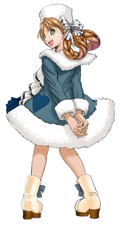 1girl, anastasia_(shadow_hearts), bad_id, bad_pixiv_id, boots, braid, brown_hair, dress, enaaza_(pixiv206261), female_focus, green_eyes, hair_ribbon, hat, looking_back, ribbon, shadow_hearts, shadow_hearts_ii, simple_background, skirt, smile, solo, twin_braids, white_background