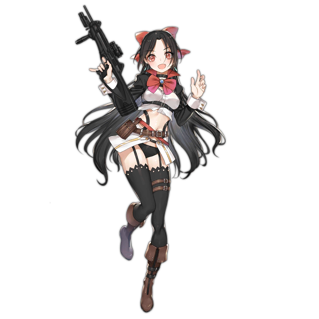 1girl, artist_request, belt, beretta_cx4_storm, black_hair, boots, carbine, choker, cx4_storm_(girls'_frontline), female_focus, full_body, garter_straps, girls'_frontline, gun, hair_ribbon, long_hair, official_art, open_mouth, panties, pink_eyes, pistol-caliber_carbine, revealing_clothes, ribbon, rifle, sleeve_cuffs, solo, submachine_gun, thighhighs, transparent_background, trigger_discipline, underwear, utility_belt, weapon