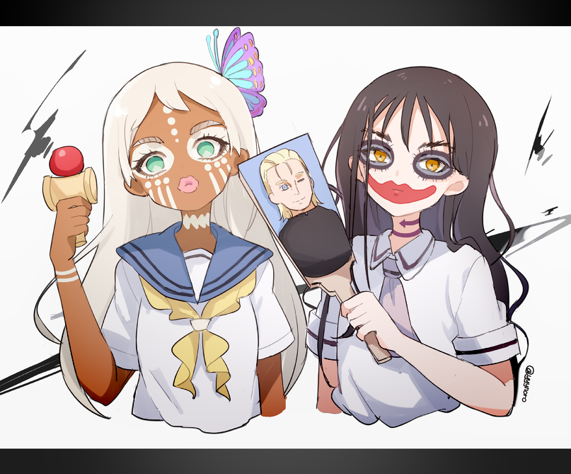 10s, 2girls, asobi_asobase, blue_sailor_collar, brown_eyes, brown_hair, butterfly_hair_ornament, captain_yue