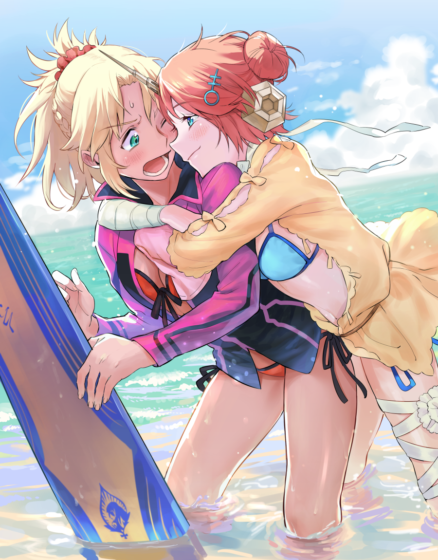 2girls, bandaged_arm, bandages, beach, bikini, bikini_under_clothes, blonde_hair, blue_bikini, blue_eyes, blue_sky, blush, braid, dashi_(minzoku_gb), day, fate/grand_order, fate_(series), frankenstein's_monster_(fate), frankenstein's_monster_(swimsuit_saber)_(fate), frankenstein's_monster_(swimsuit_saber)_(first_ascension)_(fate), front-tie_bikini_top, front-tie_top, hair_bun, hair_ornament, hairclip, horns, hug, jacket, looking_at_another, mordred_(fate), mordred_(fate/apocrypha), mordred_(swimsuit_rider)_(fate), mordred_(swimsuit_rider)_(third_ascension)_(fate), multiple_girls, ocean, one_eye_closed, open_mouth, partially_submerged, pink_hair, ponytail, red_bikini, short_ponytail, side-tie_bikini_bottom, single_hair_bun, single_horn, sky, smile, surfboard, sweatdrop, swimsuit, wading, water
