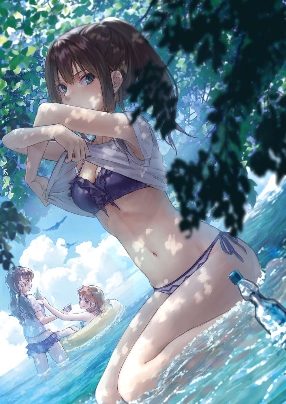 3girls, armpits, ass, barefoot, bikini, bikini_under_clothes, blue_sky, blush