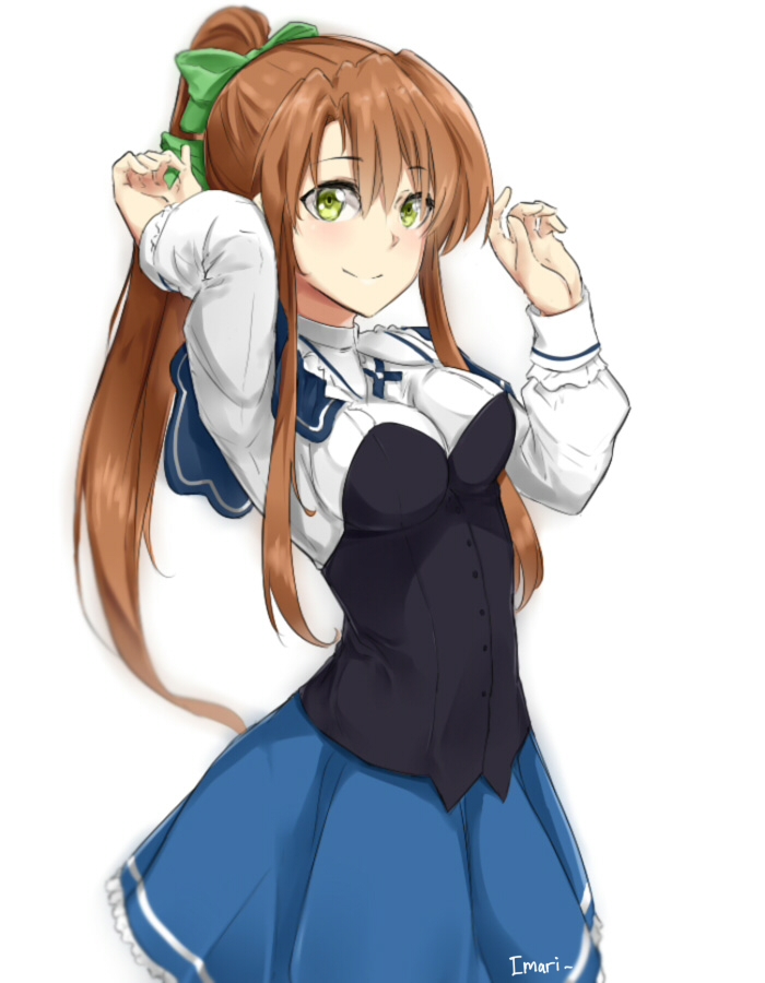 1girl, absolute_duo, artist_name, blue_capelet, blue_skirt, bow, breasts, brown_hair