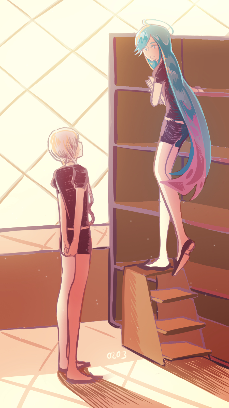 2others, ahoge, alexandrite_(houseki_no_kuni), androgynous, blue_eyes, blue_hair, gem_uniform_(houseki_no_kuni), ghost_quartz_(houseki_no_kuni)
