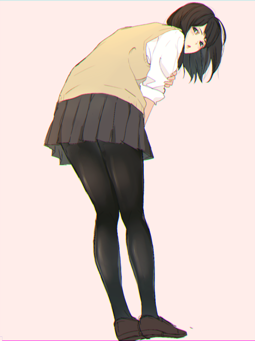 bad_id, bad_pixiv_id, black_eyes, black_hair, black_pantyhose, black_skirt, brown_footwear, brown_vest, chromatic_aberration, ebi_(eeemimn), unworn_eyewear, full_body, haikyuu!!, hand_on_own_arm, leaning, long_hair, pantyhose, pink_background, school_uniform, shimizu_kiyoko, simple_background, sketch, skirt, sleeves_rolled_up, solo, standing, sweater_vest, vest