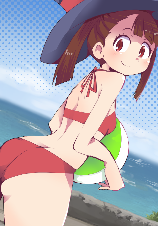 1girl, ass, beach, bikini, blush, breasts, brown_hair, day, female_focus, hat, hys-d, kagari_atsuko, little_witch_academia, looking_at_viewer, looking_back, red_bikini, red_eyes, small_breasts, smile, solo, swimsuit, twintails, witch_hat