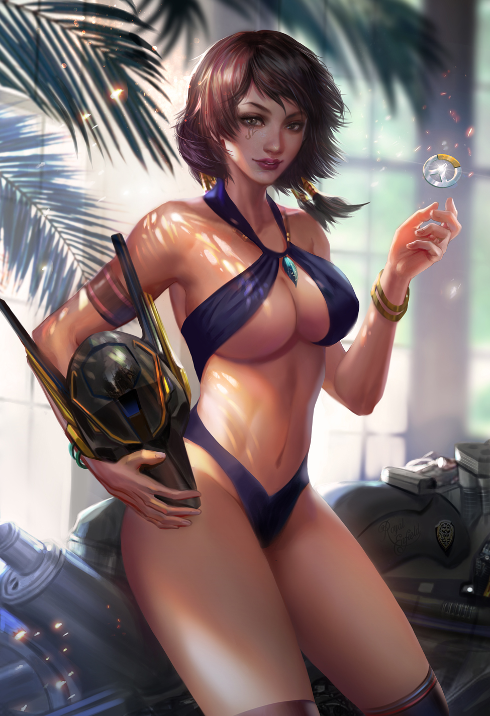 1girl, alternate_hair_length, alternate_hairstyle, anubis_pharah, armband, badge, black_hair, blue_one-piece_swimsuit, bracelet, breasts, cleavage, commentary, criss-cross_halter, dappled_sunlight, dark-skinned_female, dark_skin, english_commentary, eye_of_horus, facial_tattoo, fan_yang_(jiuge), female_focus, fern, gem, hair_tubes, halterneck, helmet, highres, holding, holding_unworn_helmet, jewelry, large_breasts, lips, motor_vehicle, motorcycle, necklace, official_alternate_costume, one-piece_swimsuit, over-kneehighs, overwatch, overwatch_(logo), overwatch_1, pharah_(overwatch), short_hair, solo, sunlight, swimsuit, tattoo, thighhighs, unworn_headwear, unworn_helmet