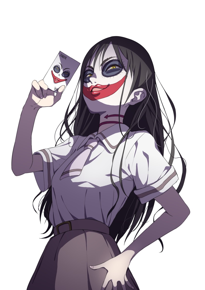 10s, 1girl, absurdres, asobi_asobase, black_hair, brown_eyes, brown_skirt, card