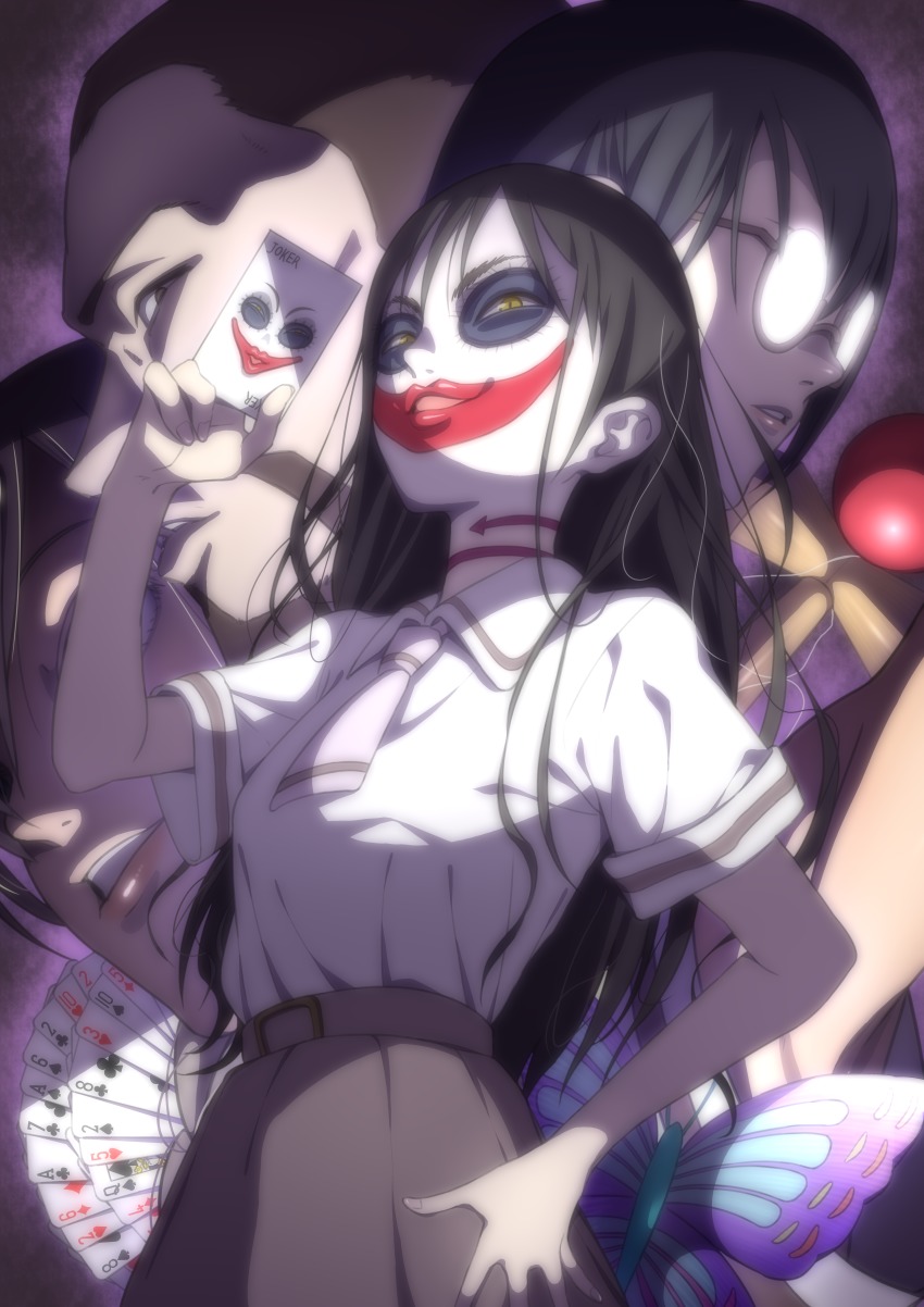 10s, absurdres, asobi_asobase, black_hair, brown_eyes, brown_skirt, bug, butterfly, card, character_request, club_(shape), collared_shirt, diamond_(shape), glasses, hand_on_own_hip, heart, highres, holding, honda_hanako, huge_filesize, insect, joker_(playing_card), kendama, long_hair, looking_at_viewer, makeup, messy_hair, miyagi_ruka, necktie, nomura_kasumi, parted_lips, playing_card, round_eyewear, school_uniform, shirt, short_sleeves, skirt, smile, spade_(shape), standing, v-shaped_eyebrows, very_long_hair, white_shirt, wing_collar