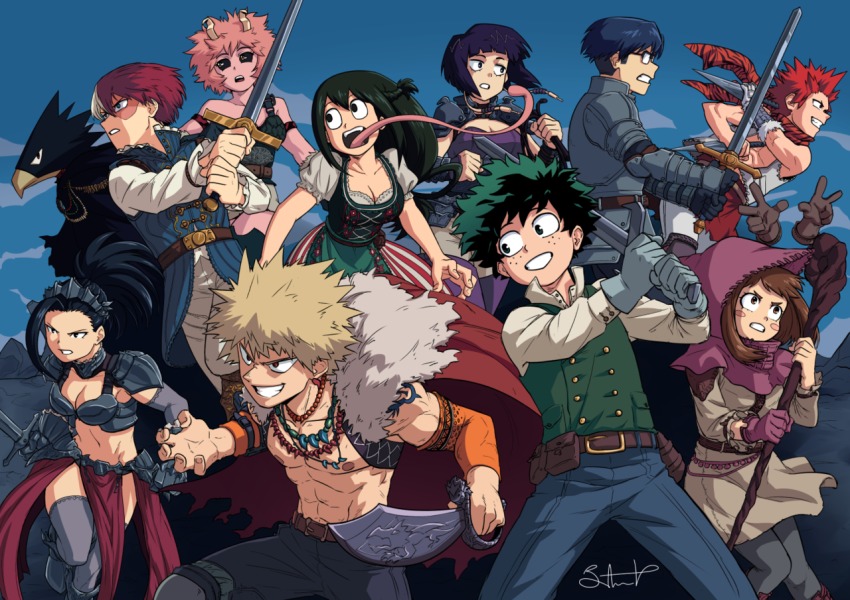 10s, boku_no_hero_academia_2nd_popularity_poll, 6+boys, 6+girls, armor, ashido_mina, asui_tsuyu, bakugou_katsuki, black_eyes, black_hair, blonde_hair, blue_hair, boku_no_hero_academia, breasts, brown_hair, cape, colored_skin, fantasy, gloves, green_eyes, green_hair, hagakure_toru, hat, iida_tenya, invisible, jiro_kyoka, kirishima_eijirou, knights, long_hair, magic, medieval, midoriya_izuku, multicolored_hair, multiple_boys, multiple_girls, pink_hair, pink_skin, ponytail, purple_hair, red_hair, short_hair, sword, todoroki_shoto, tokoyami_fumikage, unseriousguy, uraraka_ochako, wand, weapon, whip, white_hair, wizard, yaoyorozu_momo
