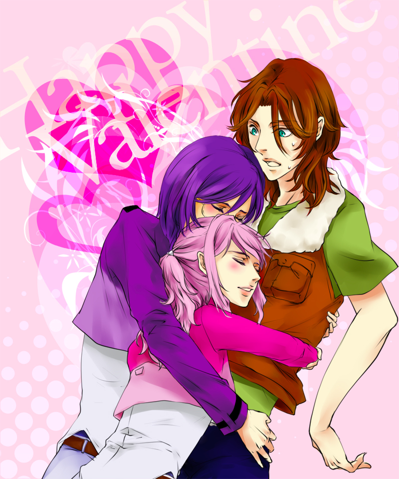 00s, 1girl, 2boys, bad_id, bad_pixiv_id, blush, brown_hair, closed_eyes