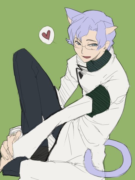 00s, 1boy, animal_ears, cat_boy, cat_ears, cat_tail, code_geass, glasses, heart, jacket, kemonomimi_mode, lloyd_asplund, male_focus, namekata_fumiaki, short_hair, simple_background, sitting, sketch, solo, spoken_heart, tail, tsurime, white_jacket