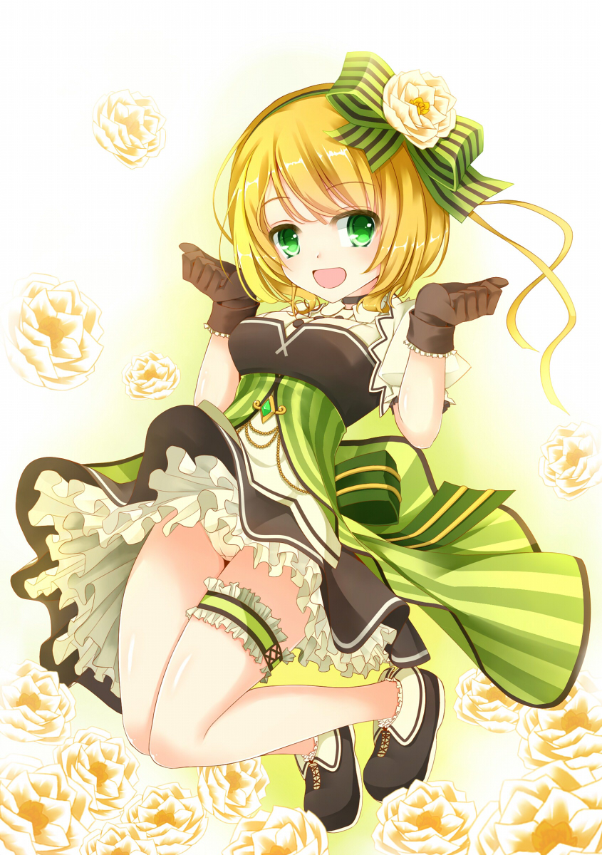 1girl, blonde_hair, boots, bow, brown_gloves, dress, female_focus, floral_background