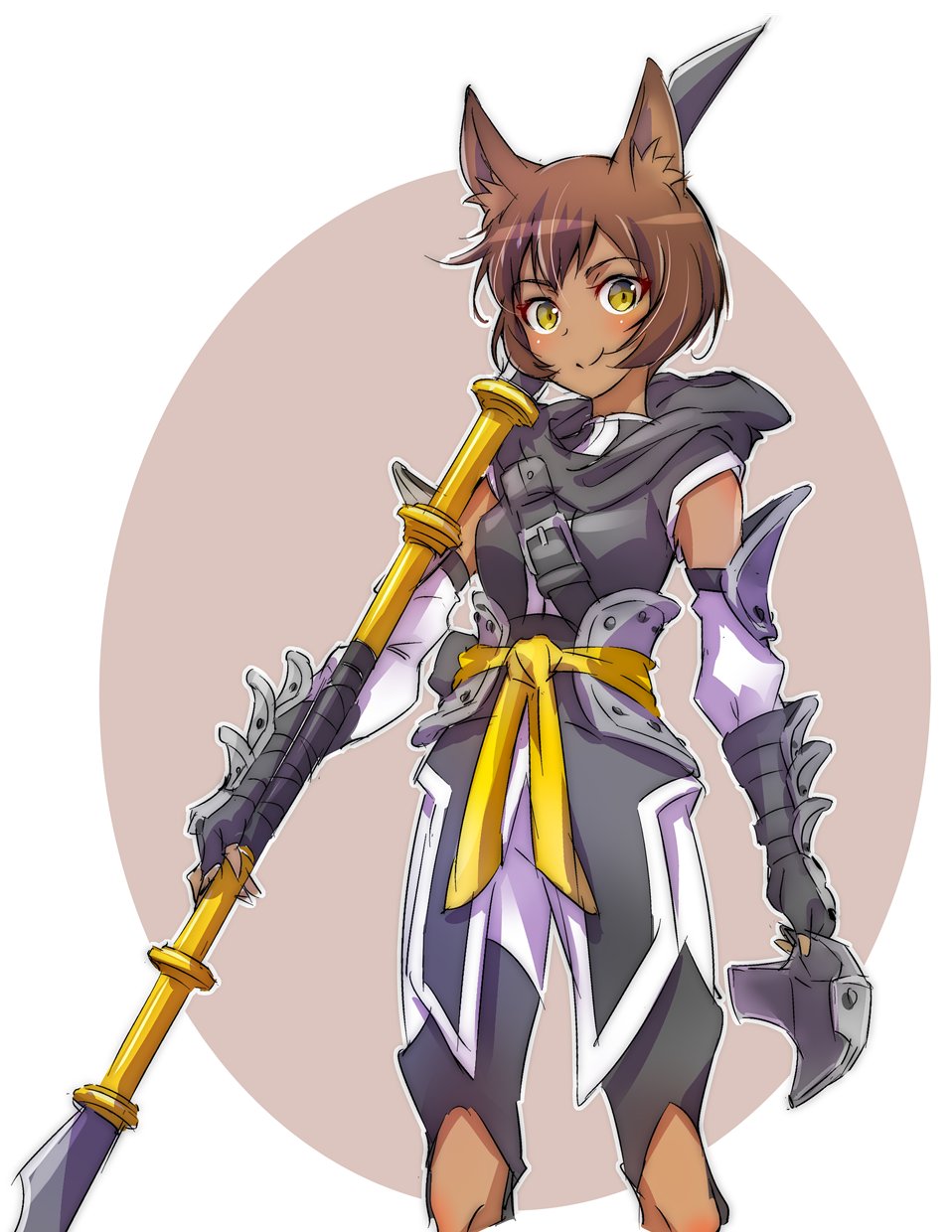 1girl, animal_ears, armor, belt, belt_buckle, blush, breasts, brown_hair