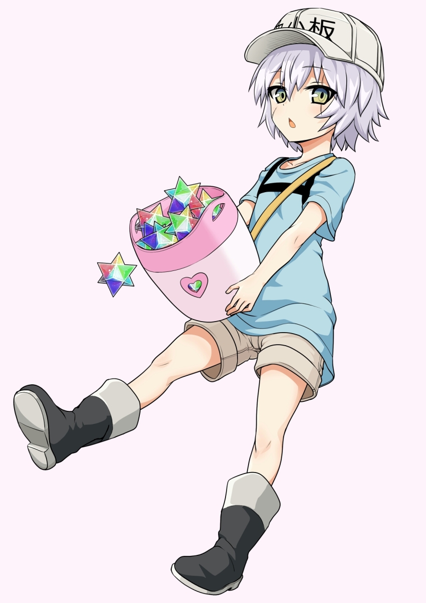 10s, 1girl, black_boots, blue_shirt, boots, brown_shorts, character_name, chestnut_mouth