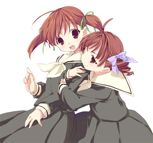00s, 2girls, :o, ahoge, arm_hug, blush, bow, brown_eyes