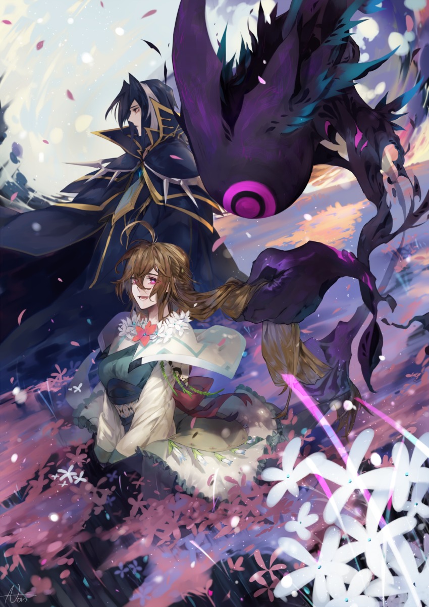 1boy, 1girl, :d, :|, ahoge, aosta_(sdorica), artist_name, bad_id, bad_pixiv_id, black_cloak, black_hair, braid, breasts, brown_eyes, capelet, cloak, closed_mouth, hair_between_eyes, highres, holding, holding_own_hair, j_noin, large_breasts, long_hair, long_sleeves, looking_at_viewer, looking_to_the_side, multicolored_hair, nolva_(sdorica), open_mouth, outdoors, own_hands_together, purple_eyes, red_eyes, sdorica, smile, two-tone_hair, very_long_hair, white_capelet, white_hair