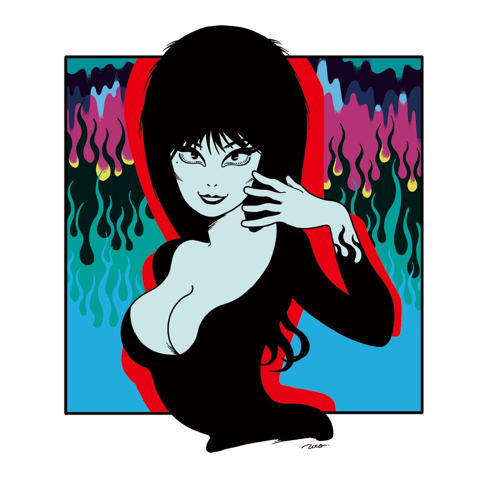 1girl, black_border, black_dress, black_hair, black_lips, border, breasts, cleavage, dress, elvira:_mistress_of_the_dark, elvira_(elvira:_mistress_of_the_dark), female_focus, fire, flat_color, goth_fashion, lipstick, looking_at_viewer, makeup, mole, mole_under_eye, outside_border, parted_lips, real_life, signature, smile, solo, utomaru