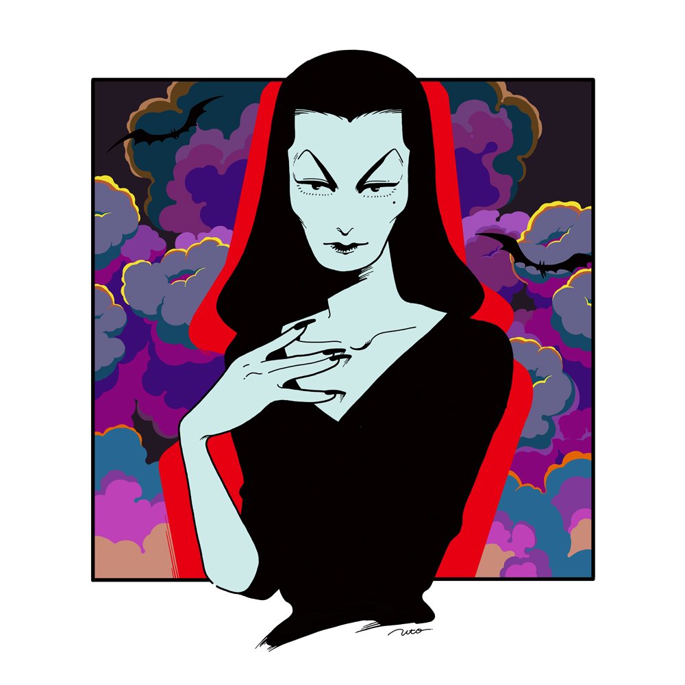 1girl, bat_(animal), black_border, black_dress, black_eyes, black_hair, black_lips, black_nails