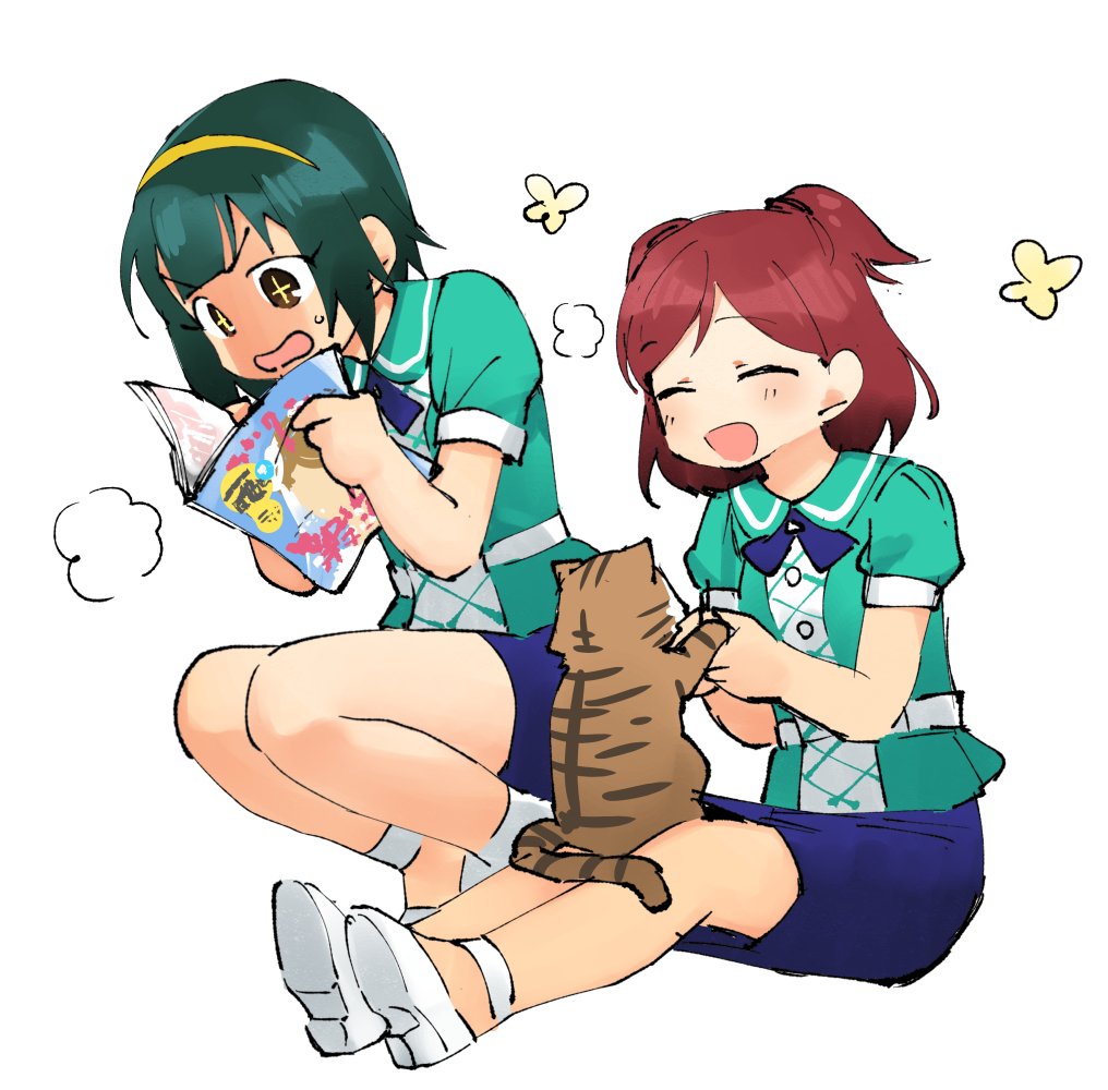 2girls, aoba_misaki, blue_skirt, blush, cat, green_hair, hairband, idolmaster
