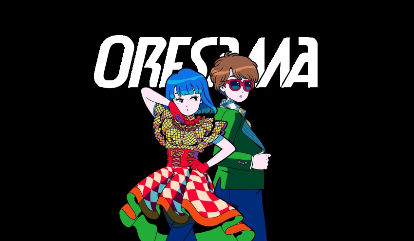 1boy, 1girl, blue_hair, blue_pants, blue_pantyhose, bob_cut, brown_hair, checkered_clothes