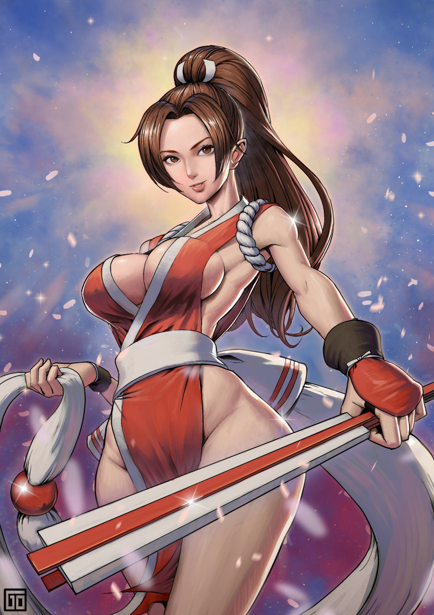 1girl, absurdres, bare_shoulders, breasts, brown_eyes, brown_hair, cleavage, fatal_fury