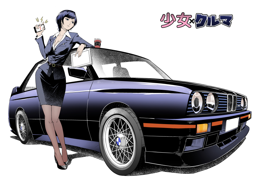 1girl, absurdres, belt, black_footwear, blue_hair, bmw, bmw_3_series, bmw_e30