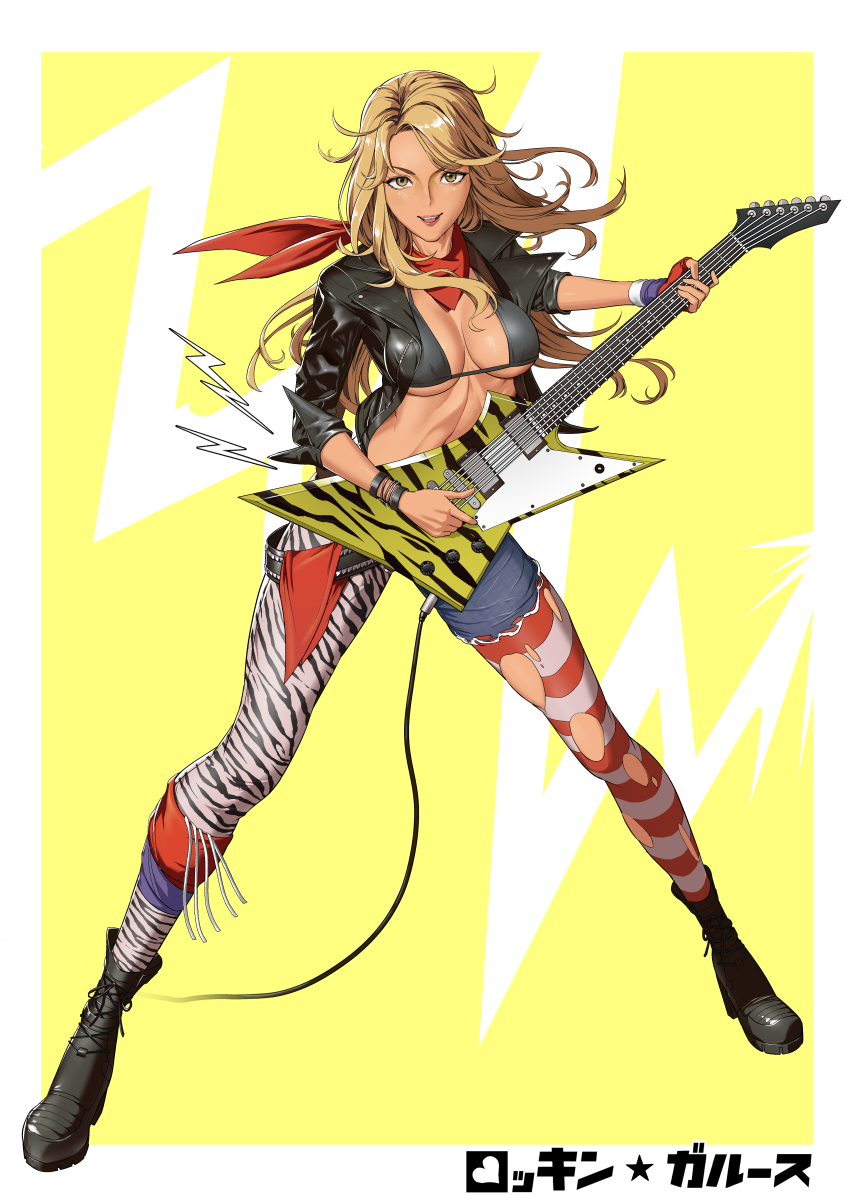 1girl, absurdres, animal_print, asymmetrical_legwear, bandana, bangle, belt, black_boots