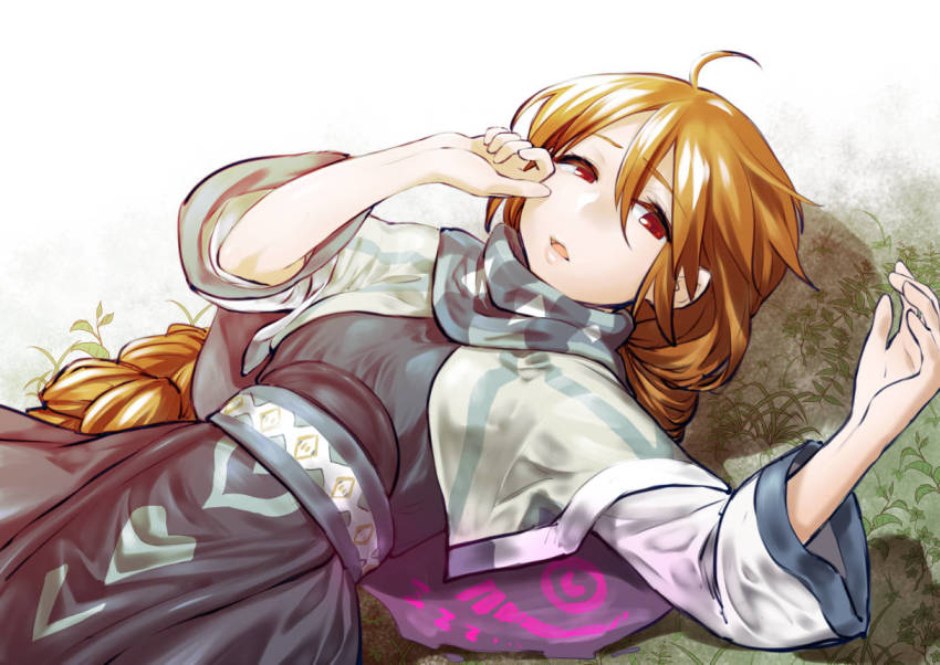 1girl, ahoge, black_dress, braid, brown_hair, capelet, dress, female_focus, hand_up, long_hair, looking_at_viewer, lying, nolva_(sdorica), on_back, open_mouth, pote0508, red_eyes, scarf, sdorica, solo, very_long_hair