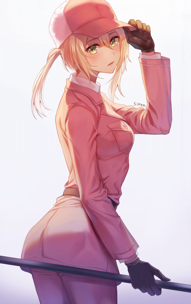 10s, 1girl, adjusting_clothes, adjusting_headwear, artist_name, bad_id, bad_pixiv_id, baseball_cap, belt, black_gloves, blonde_hair, blush, breasts, collared_shirt, cowboy_shot, eosinophil_(hataraku_saibou), female_focus, fur-trimmed_headwear, fur_trim, gloves, gradient_background, green_eyes, hair_between_eyes, hat, hataraku_saibou, jacket, lips, long_sleeves, looking_at_viewer, medium_breasts, open_mouth, pants, pink_jacket, polearm, sasumata, shirt, short_hair, short_twintails, signature, simple_background, siren_(artist), solo, twintails, weapon, white_background