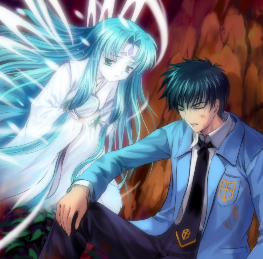 1990s_(style), 1boy, 1girl, aqua_eyes, aqua_hair, cardcaptor_sakura, clow_card, facial_mark, forehead_mark, highres, kinomoto_touya, kodansha, long_hair, mirror, mirror_(clow_card), mutsuki_(moonknives), retro_artstyle, tears, very_long_hair