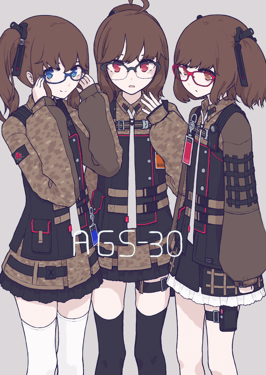 3girls, adjusting_eyewear, ags-30_(girls'_frontline), ahoge, belt, black_legwear, blue_eyes, brown_eyes