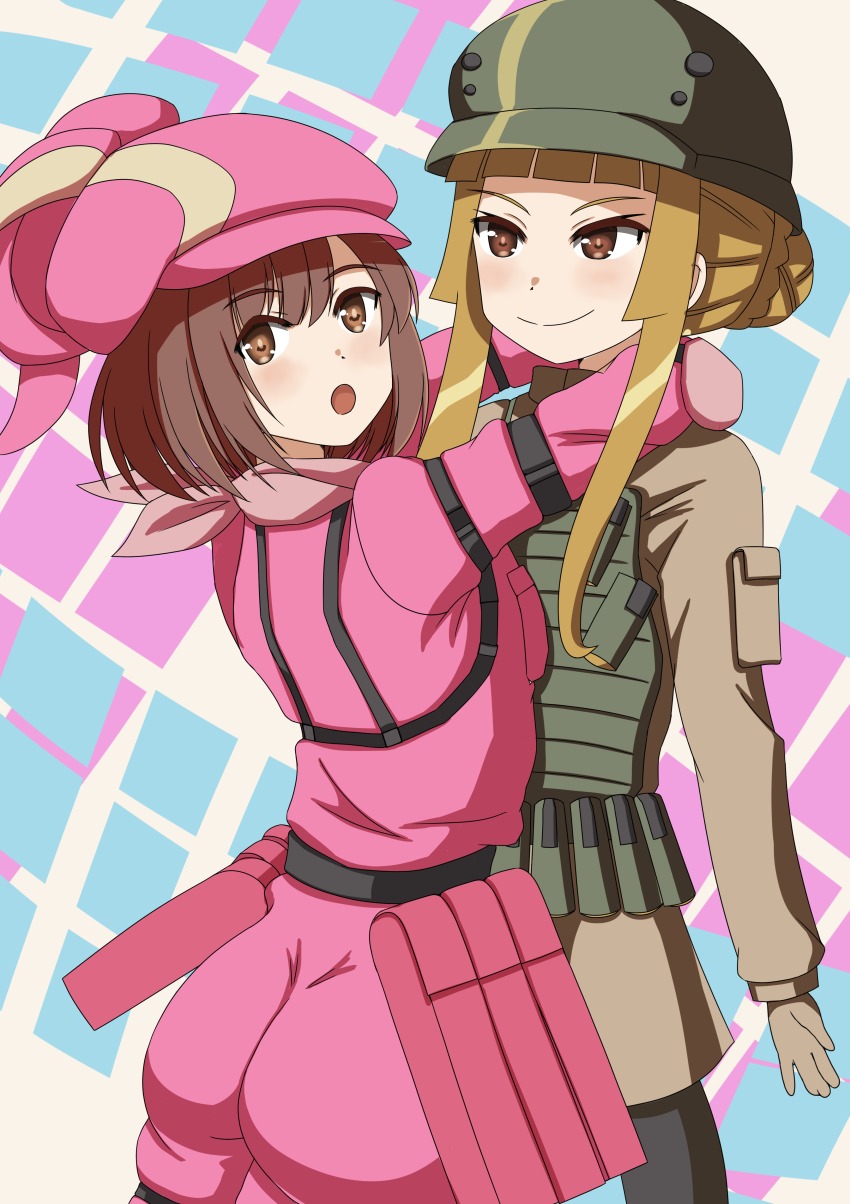 2girls, absurdres, animal_ears, ass, blonde_hair, blush, brown_eyes, brown_hair