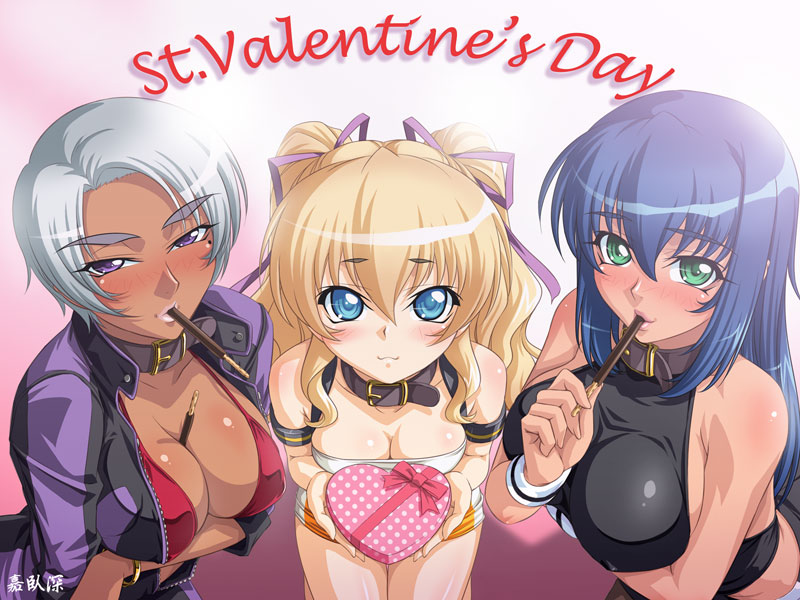 3girls, :3, between_breasts, blonde_hair, blue_eyes, blue_hair, blush, breast_press