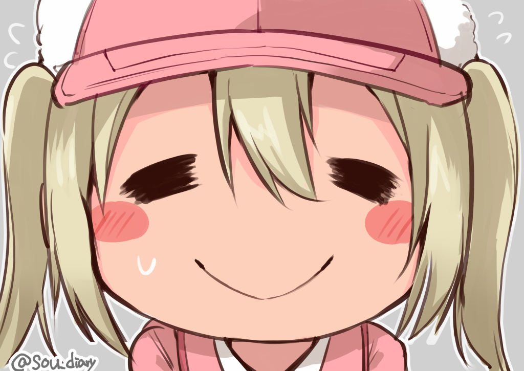 10s, 1girl, =_=, artist_name, blonde_hair, blush, blush_stickers, closed_eyes