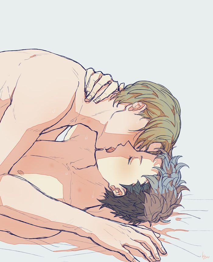 2boys, akke, artist_name, blue_hair, blush, closed_eyes, fire_emblem, fire_emblem_echoes:_shadows_of_valentia, forsyth_(fire_emblem), french_kiss, green_hair, kiss, male_focus, multiple_boys, nintendo, python_(fire_emblem), topless_male, yaoi