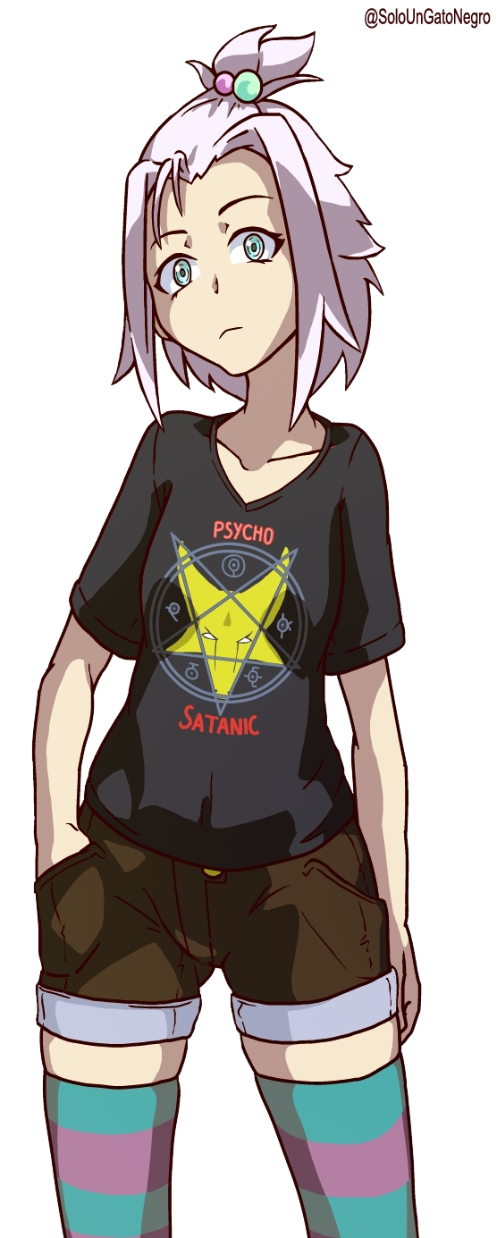 1girl, alternate_costume, aqua_eyes, bangs_pinned_back, baphomet_(mythology), black_shirt, brown_shorts, clothes_writing