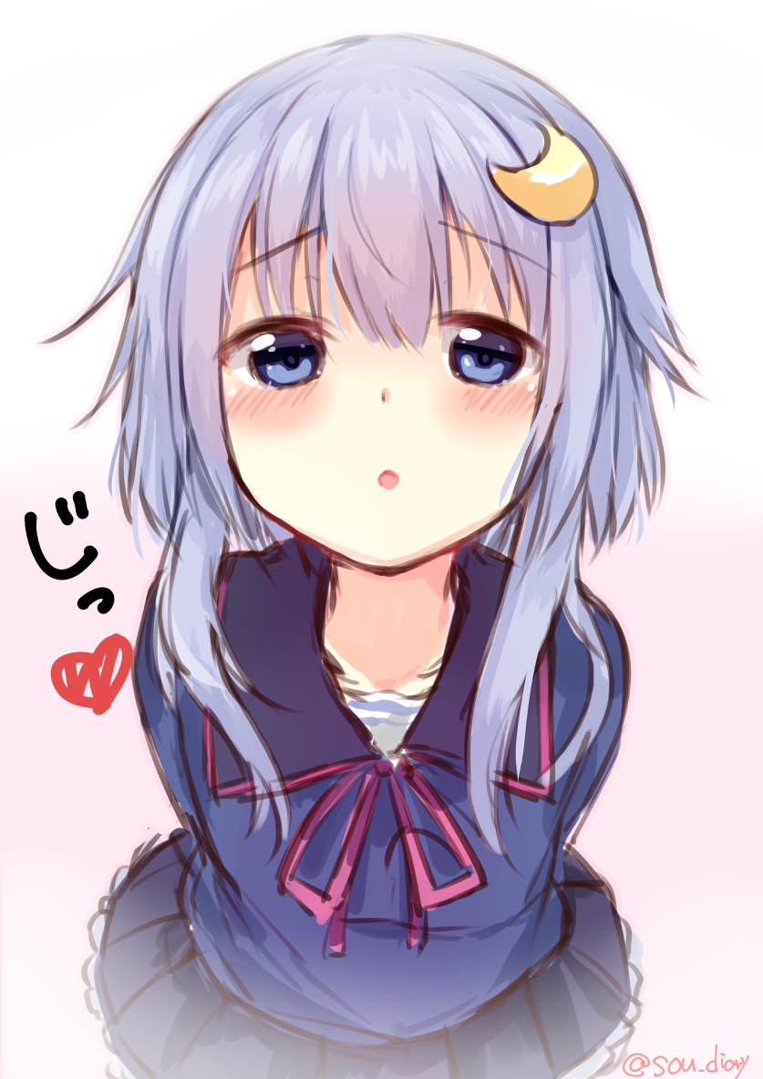 1girl, black_skirt, blue_eyes, blush, breasts, female_focus, gradient_background, hair_between_eyes