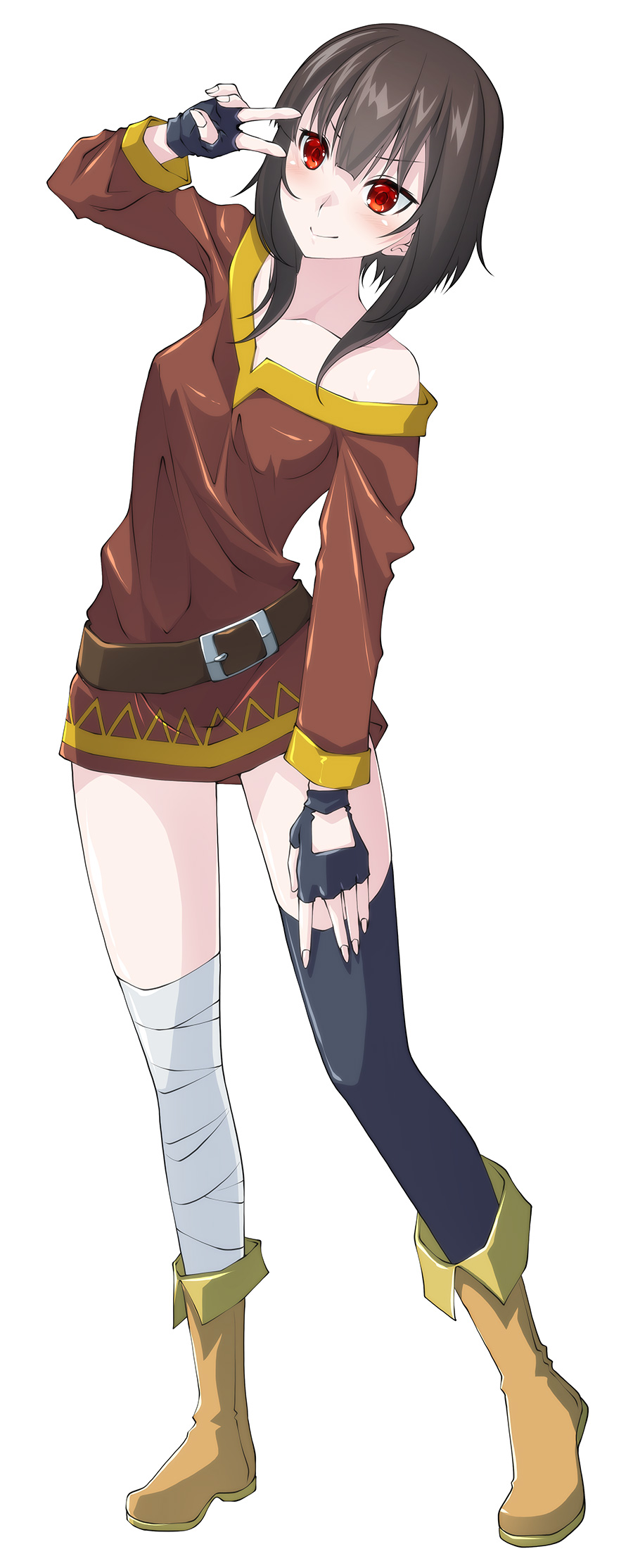 1girl, bandaged_leg, bandages, belt, black_gloves, black_hair, black_thighhighs, boots