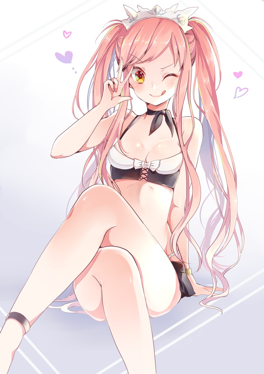 1girl, absurdres, anklet, bare_shoulders, bati15, bikini, bracelet, breasts, crossed_legs, fate/grand_order, fate_(series), female_focus, heart, highres, jewelry, licking_lips, long_hair, looking_at_viewer, looking_to_the_side, medb_(fate), medb_(swimsuit_saber)_(fate), medb_(swimsuit_saber)_(second_ascension)_(fate), medium_breasts, one_eye_closed, parted_lips, pink_hair, sitting, smile, solo, swimsuit, tiara, tongue, tongue_out, v, white_bikini, yellow_eyes