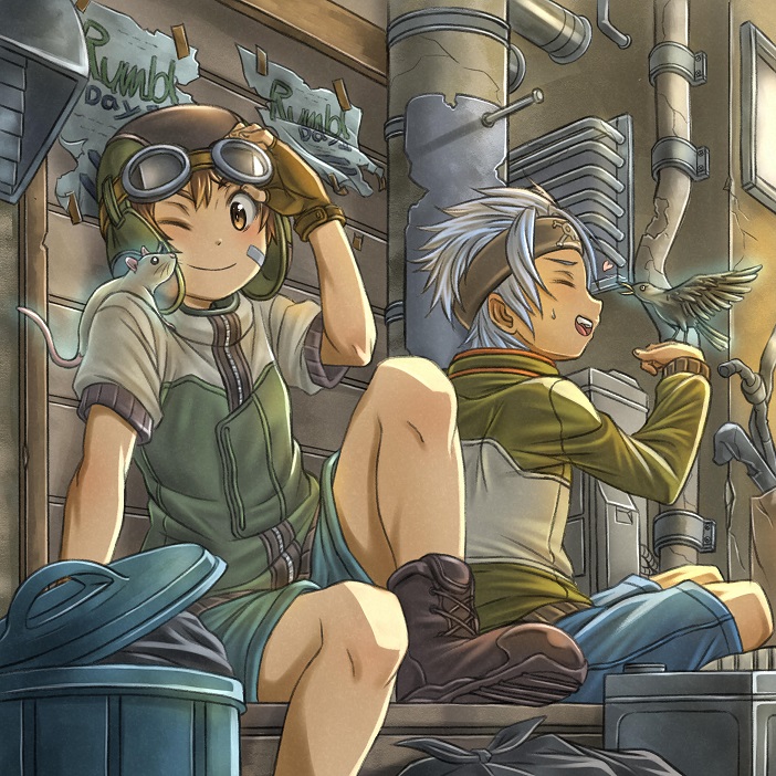 2boys, ;), animal, animal_on_shoulder, bird, bird_on_hand, black_footwear, brown_eyes