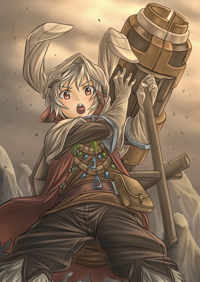 1boy, :o, animal_ears, animal_hood, belt, black_pants, brown_eyes, brown_gloves, brown_sky, day, gem, gloves, holding, holding_weapon, hood, lio_(sdorica), looking_at_viewer, male_focus, outdoors, pants, pouch, rabbit_boy, rabbit_ears, rua_(pixiv292244), sdorica, sky, solo, standing, weapon, white_hair