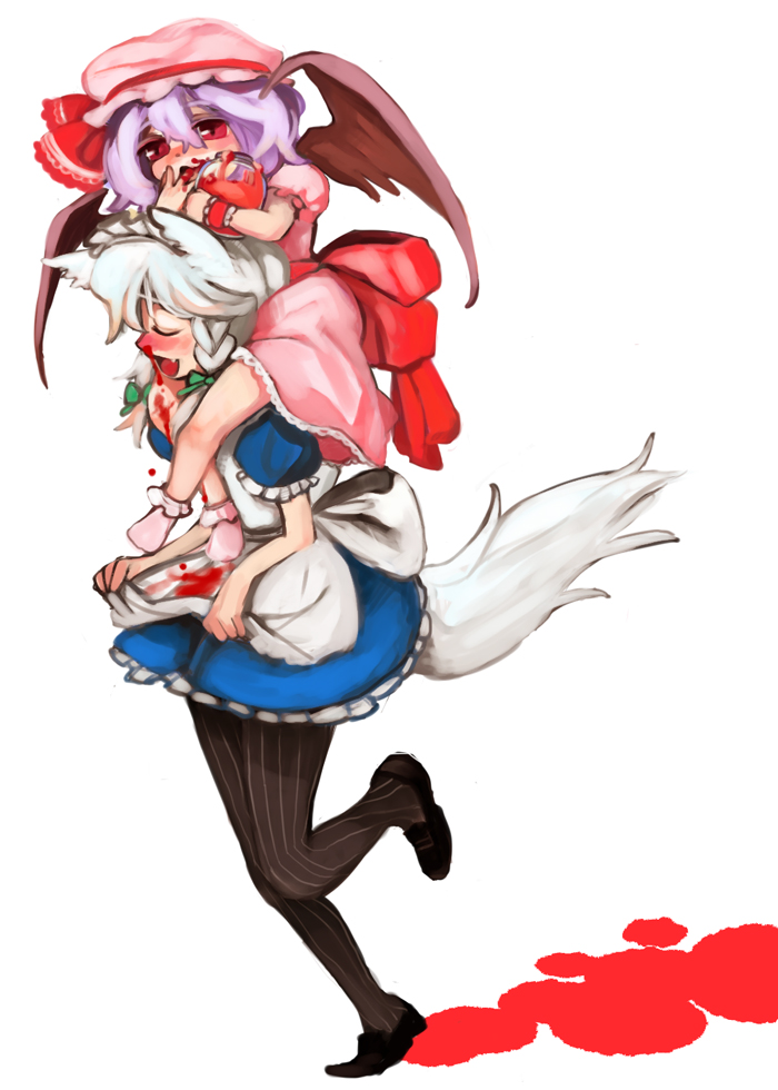 2girls, animal_ears, bad_id, bad_pixiv_id, bat_wings, blood, blush, carrying
