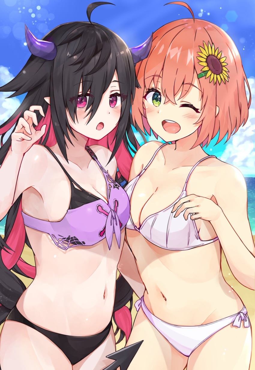 2girls, :o, ;d, bare_arms, bare_shoulders, beach, bikini, black_bikini, black_hair, blue_sky, blush, breasts, cleavage, cloud, collarbone, commentary_request, day, demon_tail, flower, green_eyes, hair_flaps, hair_flower, hair_ornament, hand_up, highres, himawari_honma, honma_himawari, horizon, light_brown_hair, long_hair, medium_breasts, multicolored_hair, multiple_girls, navel, nijisanji, ocean, one_eye_closed, open_mouth, outdoors, pink_hair, pointy_ears, purple_bikini, racchi., red_eyes, round_teeth, sand, short_hair, side-tie_bikini_bottom, sky, smile, sunflower, sunflower_hair_ornament, swimsuit, tail, teeth, two-tone_hair, upper_teeth_only, very_long_hair, virtual_youtuber, water, white_bikini, yamiyono_moruru