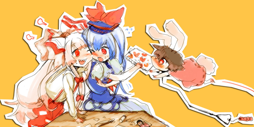 3girls, animal_ears, bad_id, bad_pixiv_id, blue_hair, brown_hair, rabbit_ears, rabbit_tail