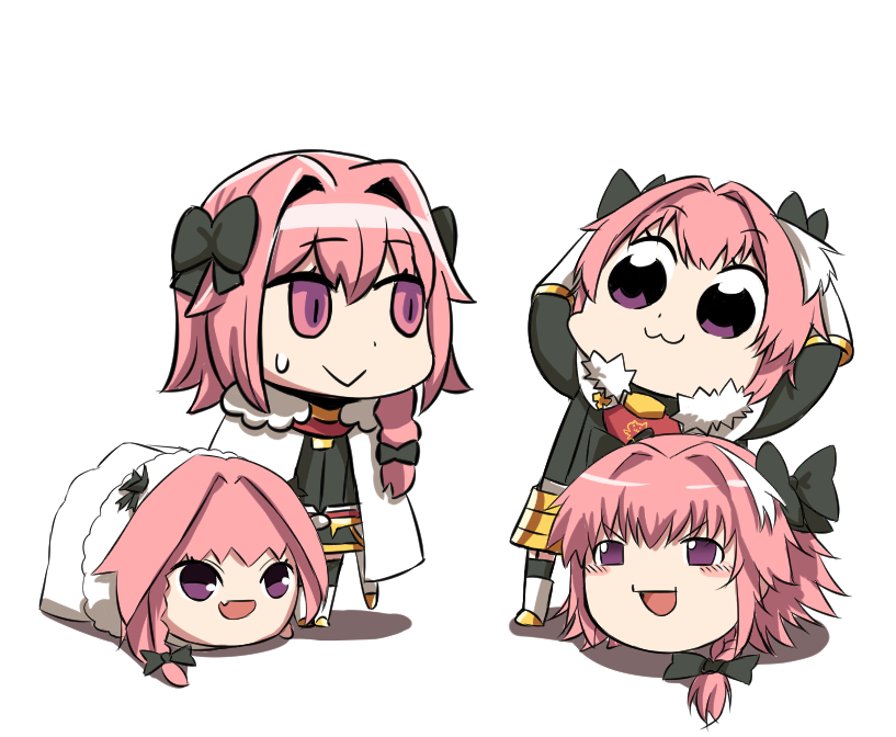 10s, 1nilla', 4boys, :3, astolfo_(fate), astolfo_(rider)_(fate), bkub_(style), braid, chibi, dual_persona, fang, fate/apocrypha, fate_(series), full_body, fur_collar, gloves, gold_trim, hair_intakes, hair_ribbon, haunted_astolfo_bean_plush, male_focus, meme, multiple_boys, parody, pink_eyes, pink_hair, poptepipic, ribbon, riyo_(lyomsnpmp)_(style), simple_background, single_braid, skin_fang, standing, stuffed_toy, style_parody, v-shaped_eyebrows, white_background, yukkuri_shiteitte_ne