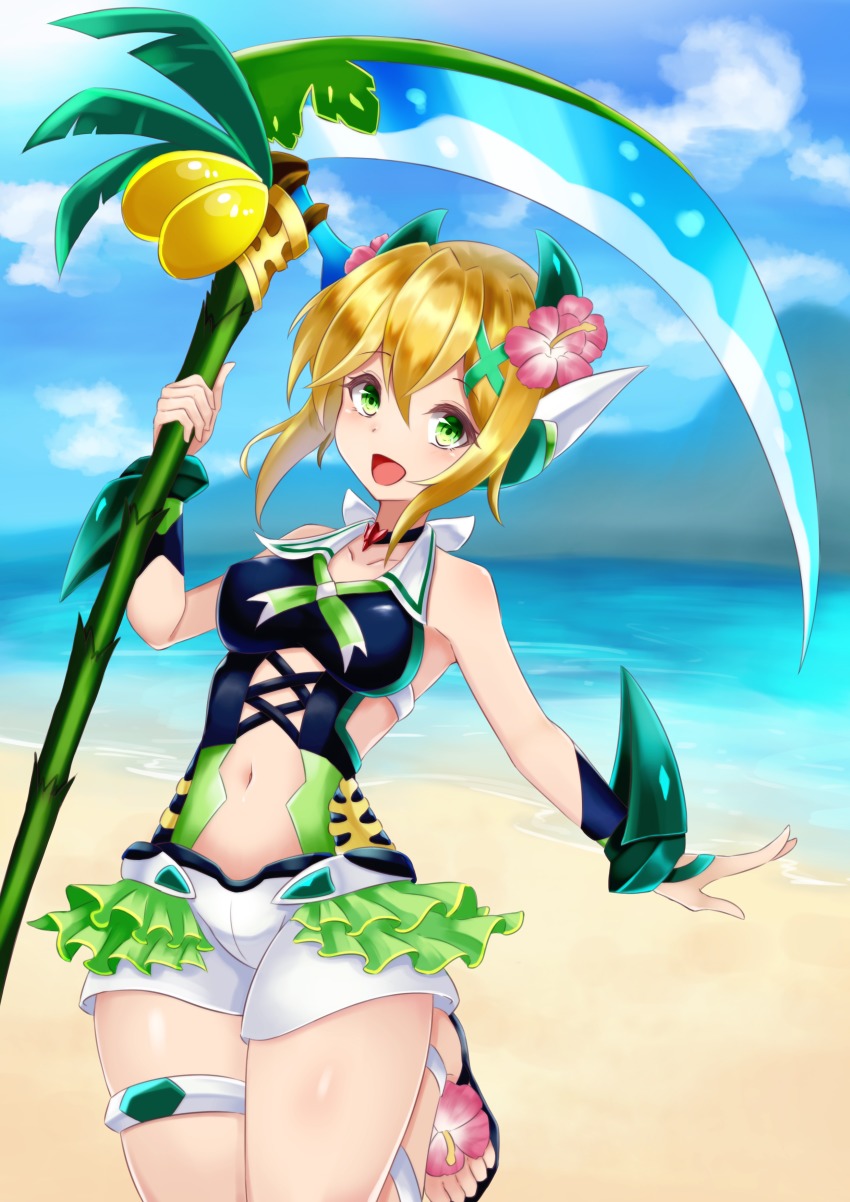 1girl, absurdres, akatsuki_kirika, bad_id, bad_pixiv_id, bare_shoulders, beach, blonde_hair, blush, carpathiyo, cloud, commentary_request, day, female_focus, flower, frills, green_eyes, hair_flower, hair_ornament, headgear, highres, holding, holding_weapon, looking_at_viewer, navel, one-piece_swimsuit, open_mouth, outdoors, sand, sandals, scythe, senki_zesshou_symphogear, senki_zesshou_symphogear_xd_unlimited, shiny_skin, short_hair, shorts, solo, swimsuit, water, weapon, x_hair_ornament
