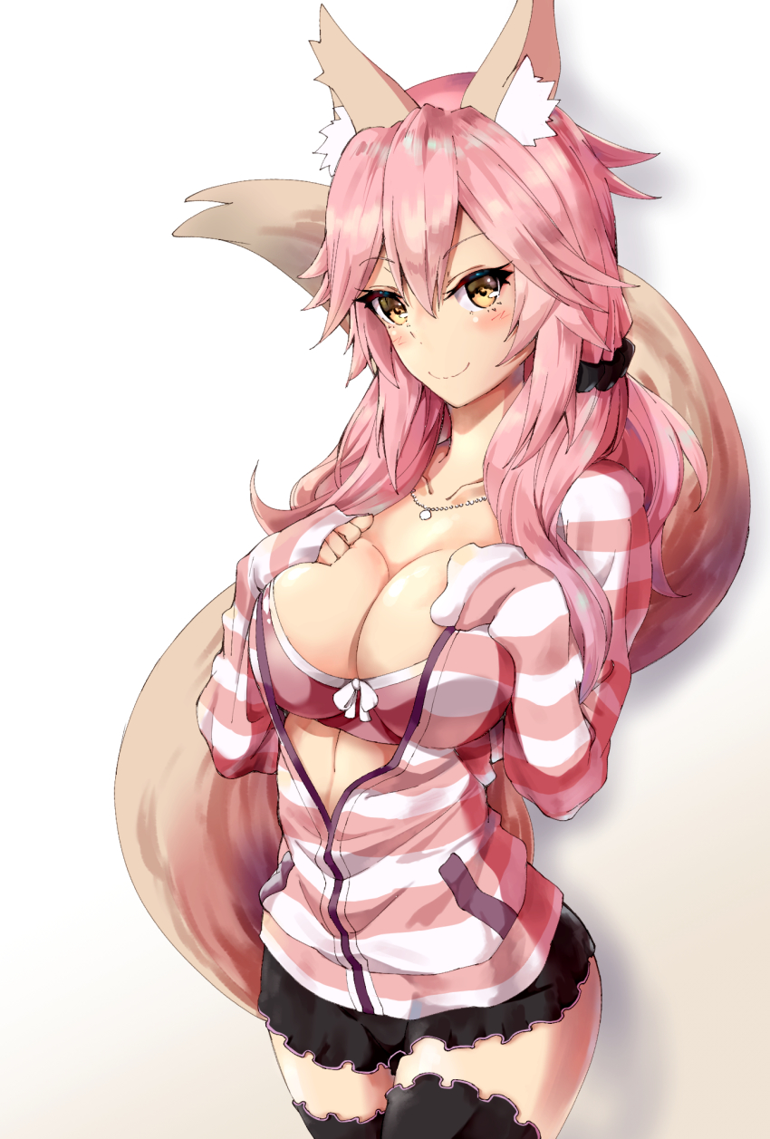1girl, animal_ear_fluff, animal_ears, black_thighhighs, blush, bra, breasts, cleavage