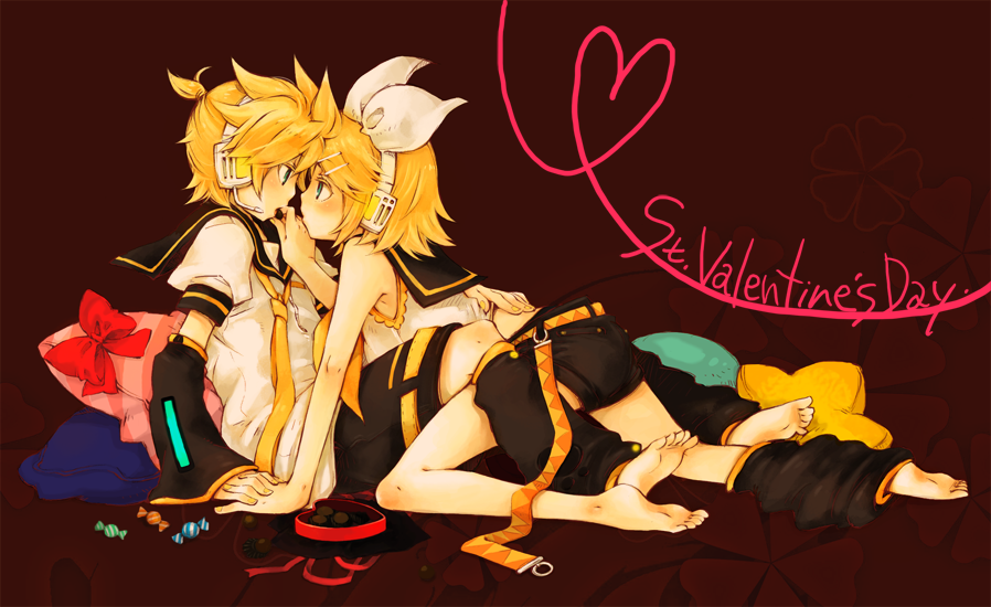1boy, 1girl, barefoot, blonde_hair, blue_eyes, blush, brother_and_sister, detached_sleeves, feet, hair_ornament, hair_ribbon, hairclip, headphones, hetero, incest, kagamine_len, kagamine_rin, necktie, ribbon, sailor, sailor_collar, school_uniform, short_hair, shorts, siblings, twincest, twins, valentine, vocaloid, yellow_necktie, yukkii