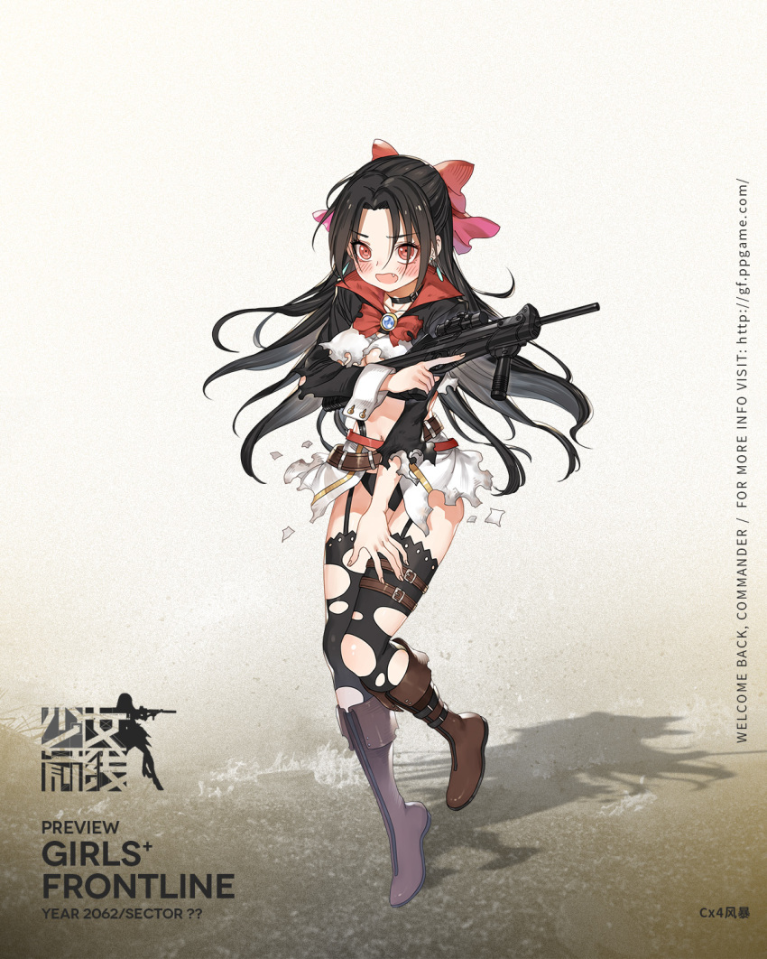 1girl, arm_across_chest, belt, beretta_cx4_storm, black_hair, black_jacket, black_panties, black_thighhighs